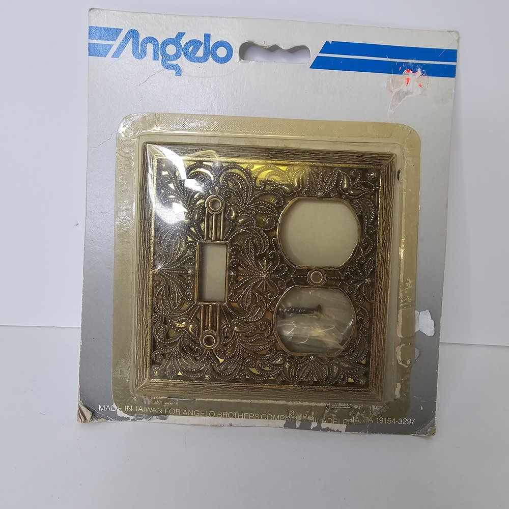 Vintage Angelo Brass Filigree Toggle Switch Duplex Outlet Wall Plate Cover 74303 - Picture 1 of 5